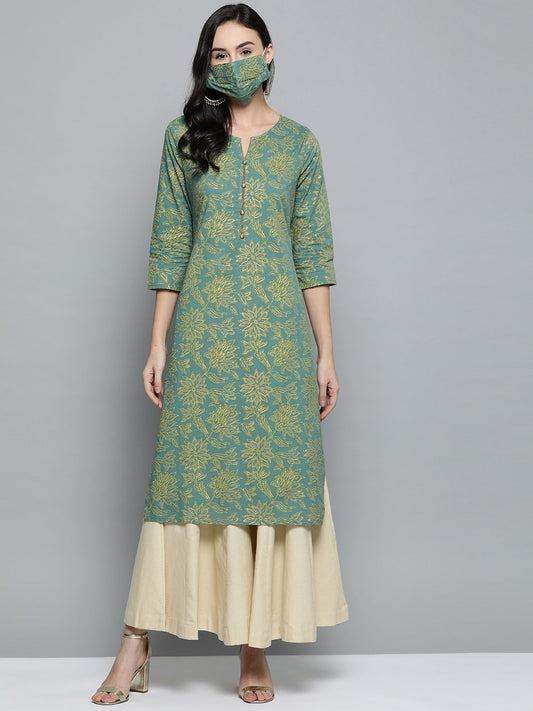 HERE&NOW Women Green & Golden Printed Straight Kurta
