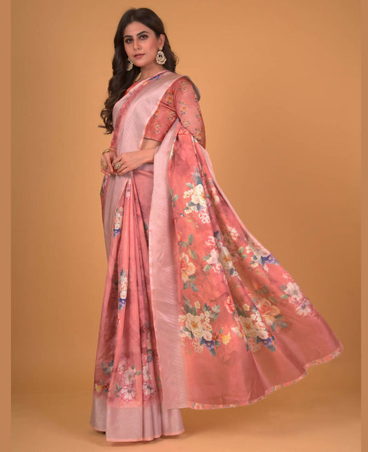 Peach Cotton Silk Floral Printed Saree With Unstitched Blouse Piece - Akshita