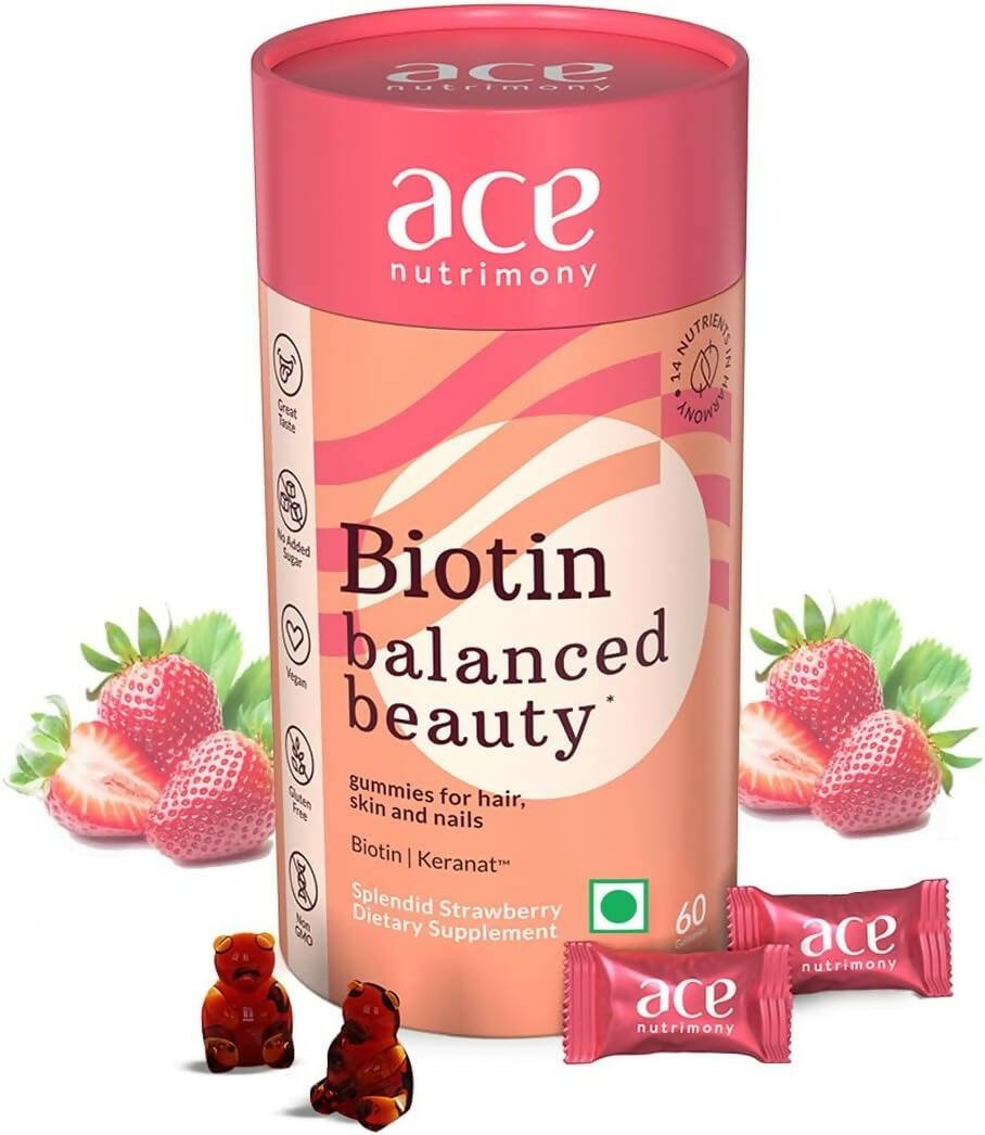 Ace Nutrimony Biotin Balanced Beauty Hair Gummies for Skin and Nails with Clinically Proven Keranat, Biotin - Strawberry - Grab2buy