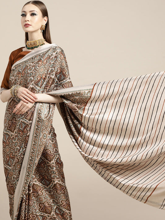 Saree Mall Cream-Coloured & Brown Paisley Printed Pashmina Silk Bagru Saree