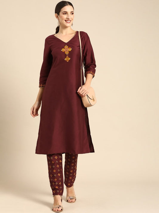 All About You Women Maroon Floral Yoke Design Regular Kurta with Trousers