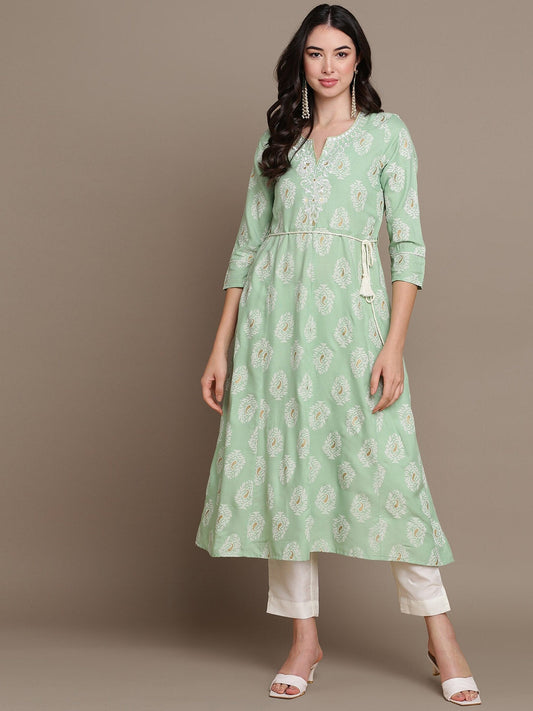 HERE&NOW Embroidered Ethnic Motif Printed Notched Neck A-Line Kurta