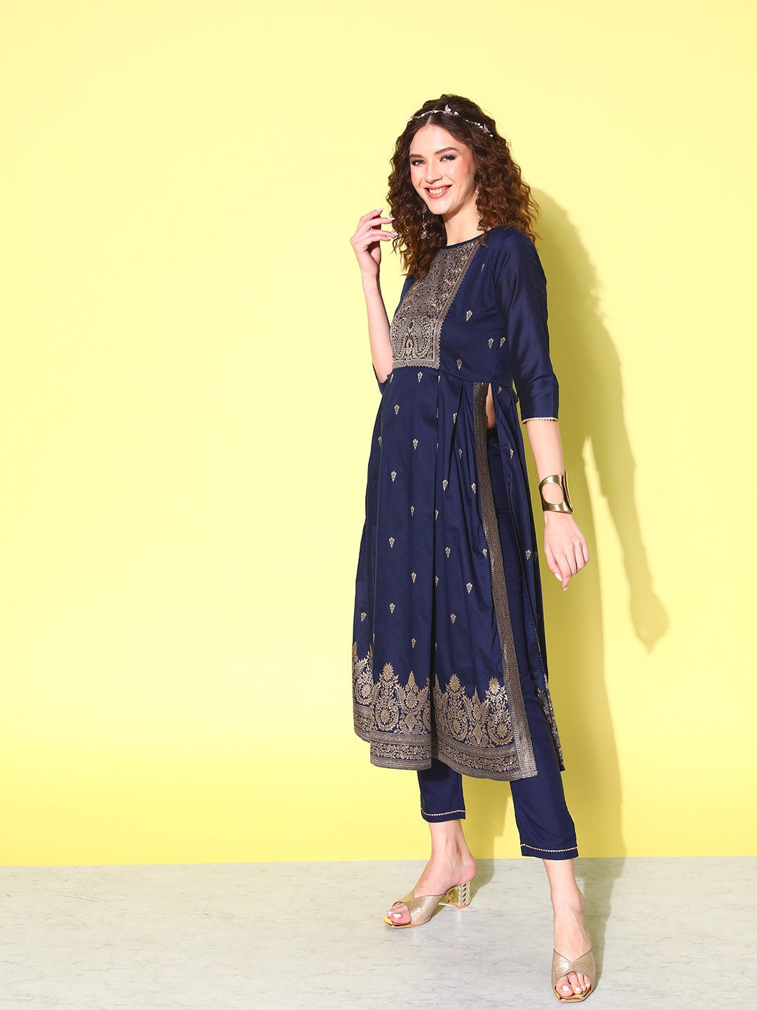 Sangria Floral Yoke Design Pleated Chanderi Silk Kurta with Trousers & With Dupatta - Grab2buy