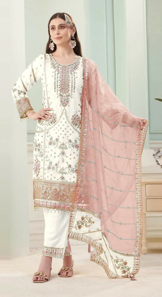 Anaita White Fox Georgette Stitched Suit with Embroidery Sequins
