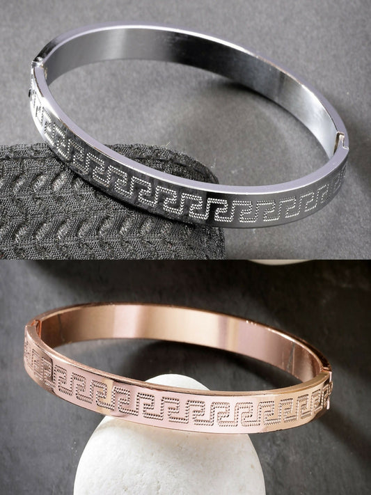 NVR Men's Set of 2 Rhodium-Plated Stainless Steel Kada Bracelet