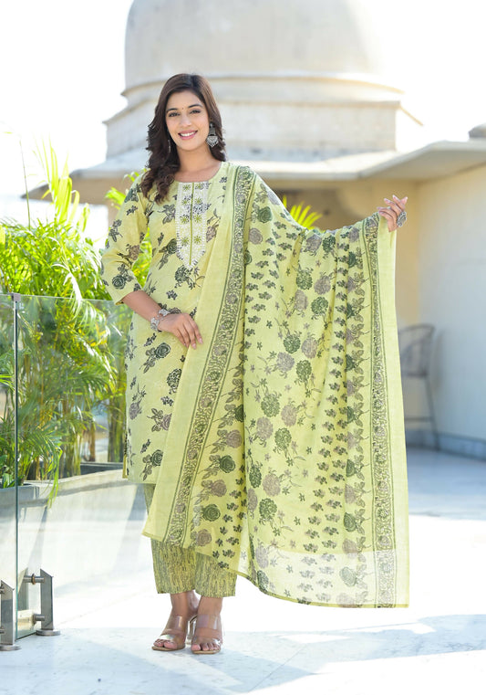 Juniper Women's Lime Green Floral Printed Cotton Kurta Set With Thread Work