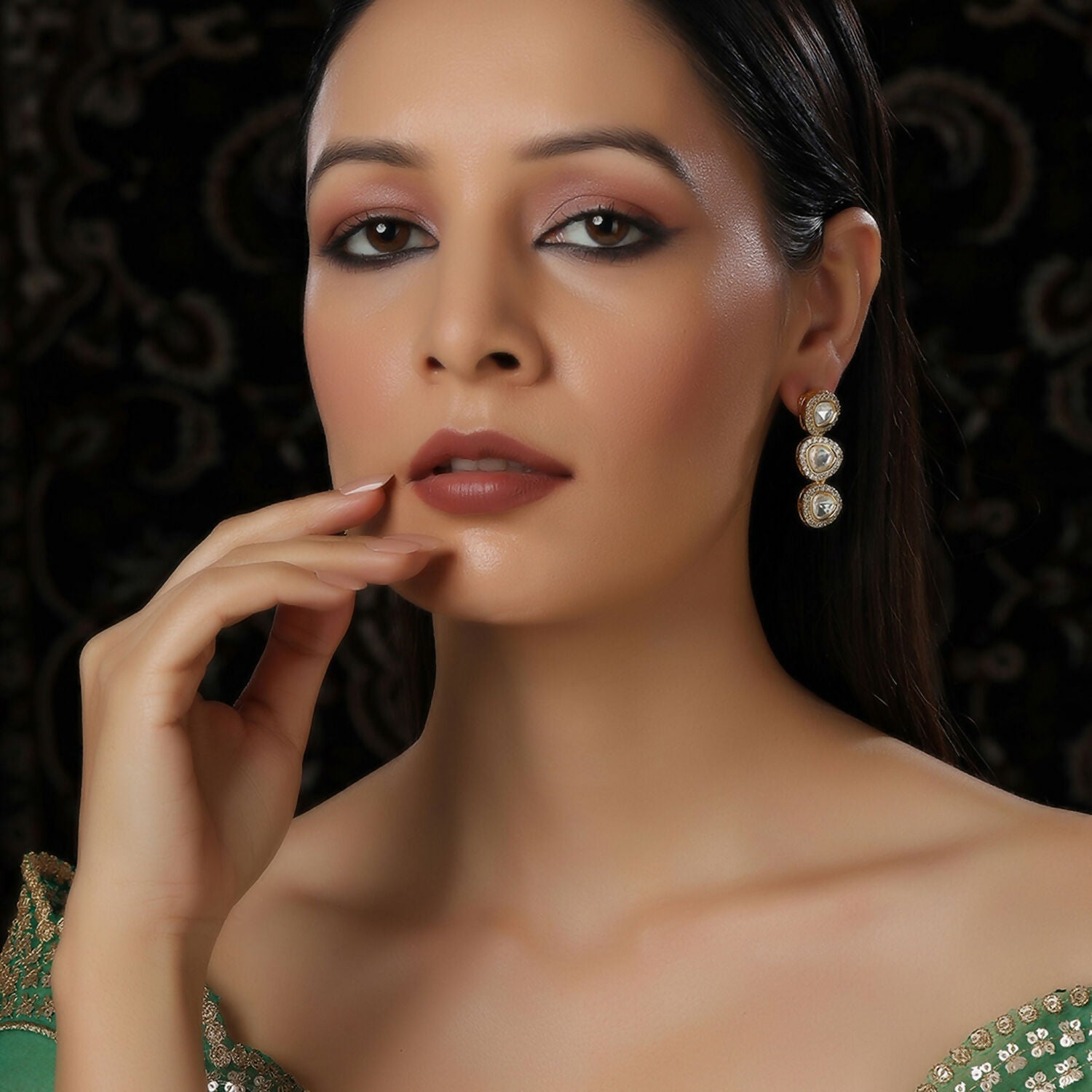 Uncut 3 Tier Kundan Dangler Earrings (Gold) - Ruby Raang - Grab2buy