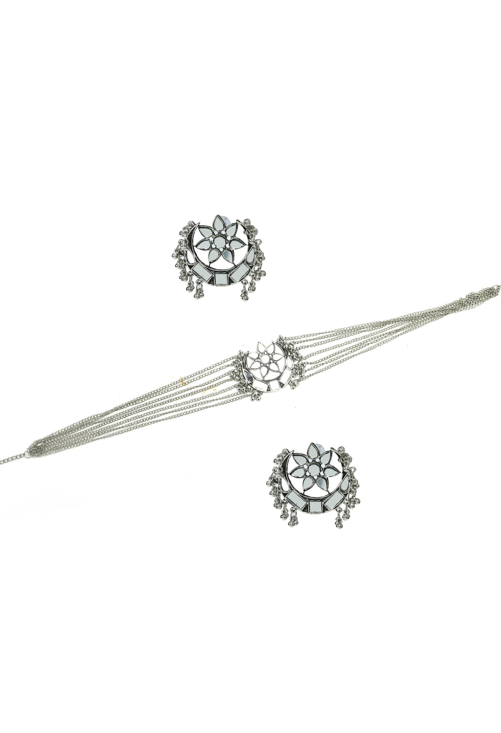Mominos Fashion Johar Kamal Silver-Plated Brass Finish Mirror Work Choker For Women - Grab2buy