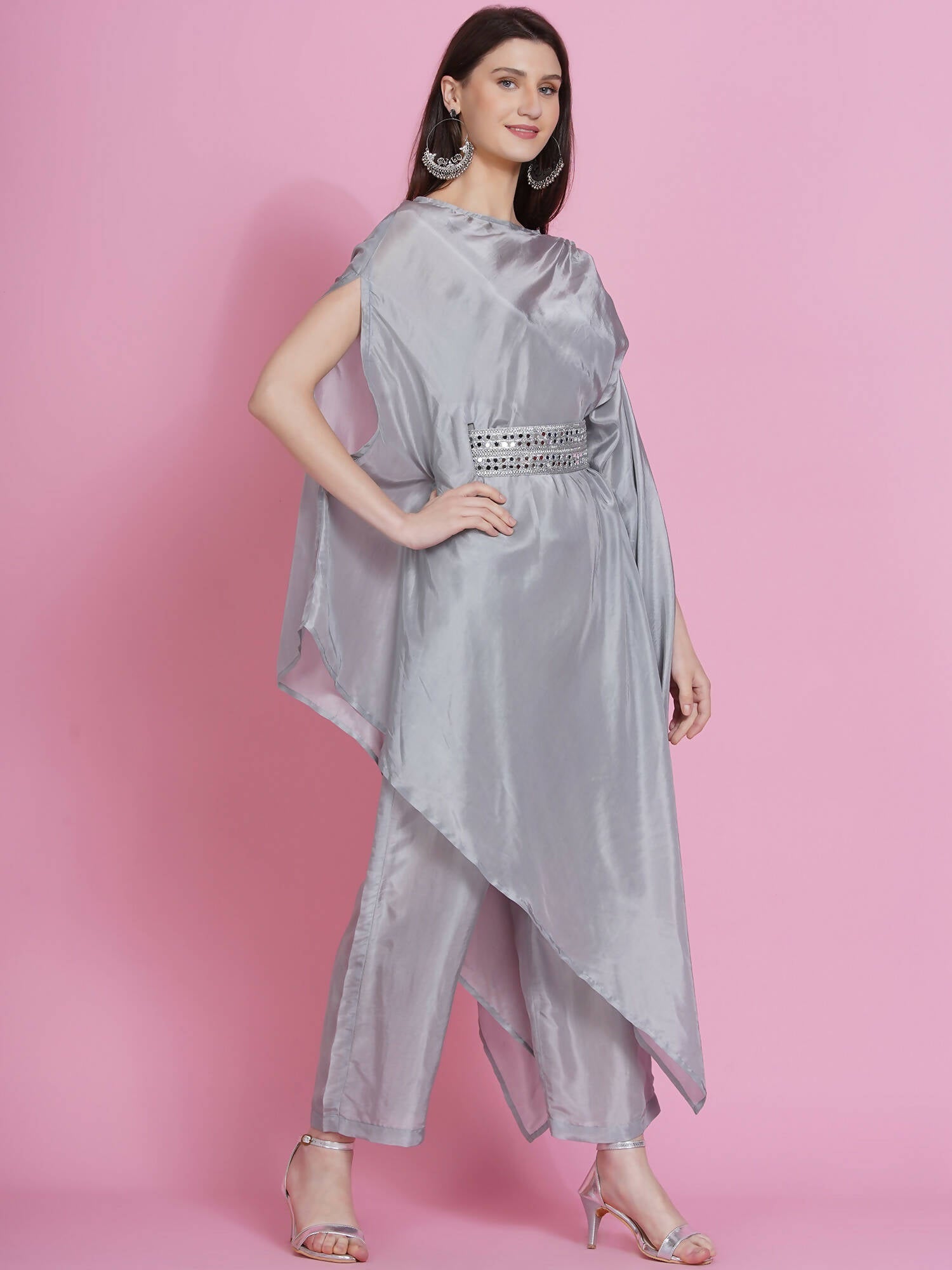 Women Republic Grey Opara Silk Kurta With Belt And Palazzo - Grab2buy