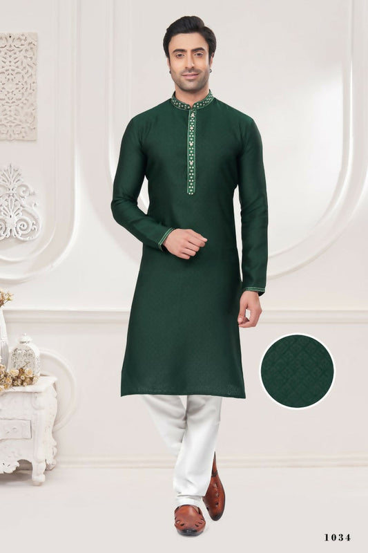 Functional Designer Men's Green Jacquard Kurta With Pant - Rudra
