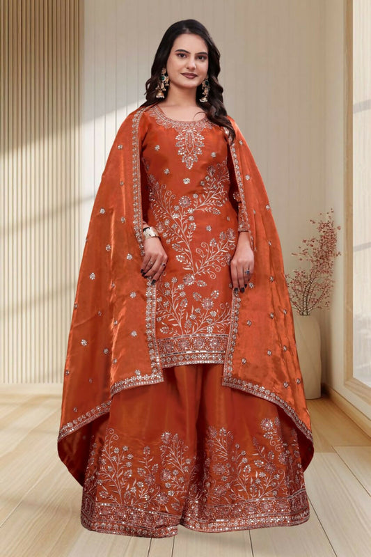 Teeya Creation New Trendy Stylish Rust Orange Embroidered Silk Sharara Suit Set With Dupatta