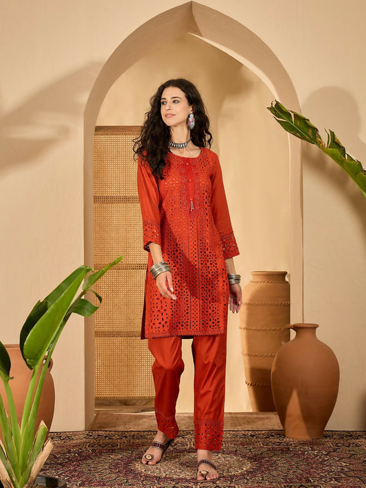 Joban Fashion Embroidery Rust Pure Cotton Cord Set