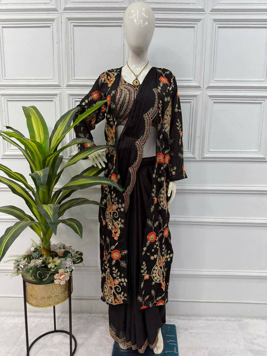 Teeya Creation Black Color Chinon Silk Designer Embroidery Work Ready To Wear Saree With Koti