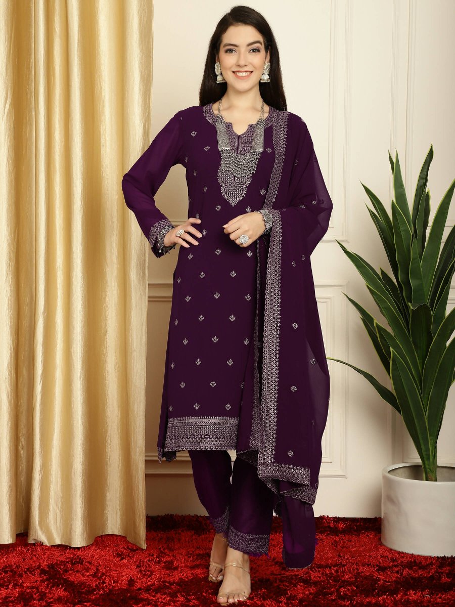 Aastha Fashion Women's Burgundy Georgette Resham Thread & Sequin Kurta with Trouser & Dupatta - Grab2buy