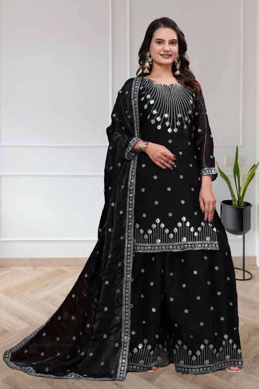 Teeya Creation Womens Trendy Black Silk Blend Embroidered Kurta And Sharara Suit Set With Dupatta
