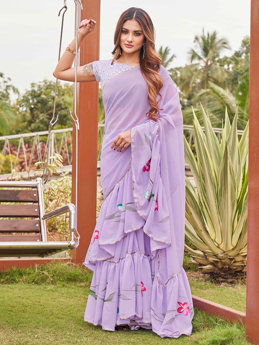 Tikhi Imli Printed Ruffle Grab2Buy With Mirror Embroidered Work Blouse