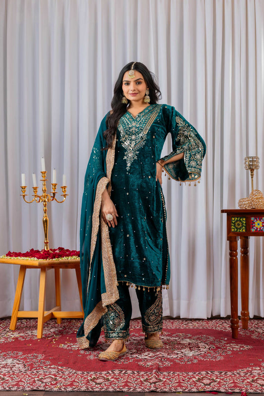 Joban Fashion Deep teal Velvet Embroidery Kurta Set