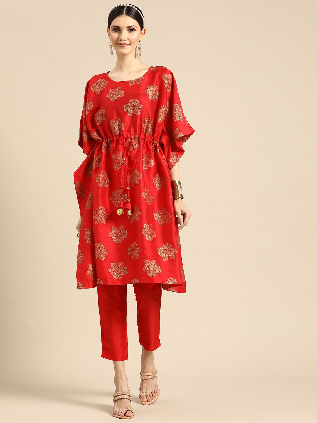 Sangria Women Red Ethnic Motifs Printed Kurta with Trousers - Grab2buy