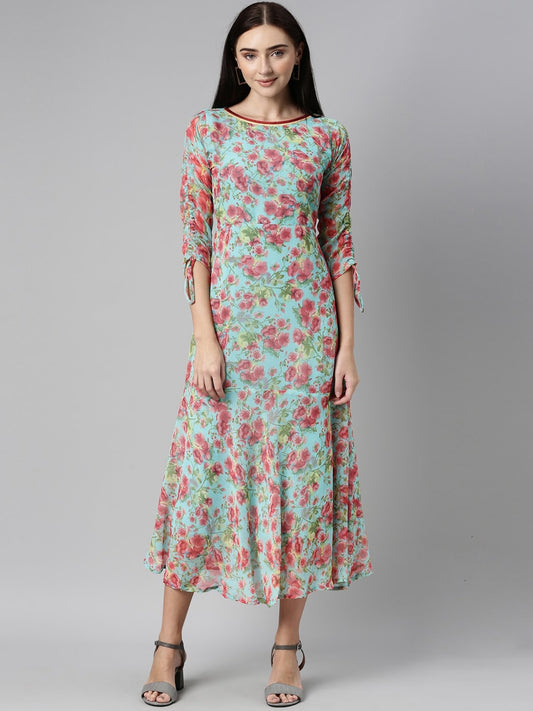 Souchii Turquoise Blue Floral Printed Chiffon A-Line Midi Dress | Grab2Buy