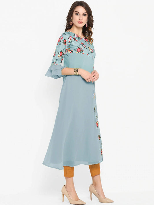 Janasya Women Blue Floral Embroidered Flared Sleeves Thread Work Crepe Anarkali Kurta