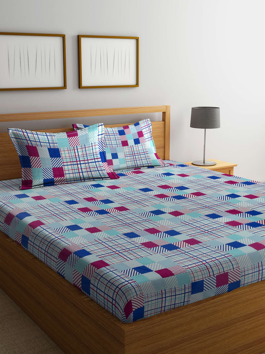 BOMBAY DYEING Marigold Blue Geometric Cotton 104 TC King Bedsheet With 2 Pillow Covers | Grab2Buy