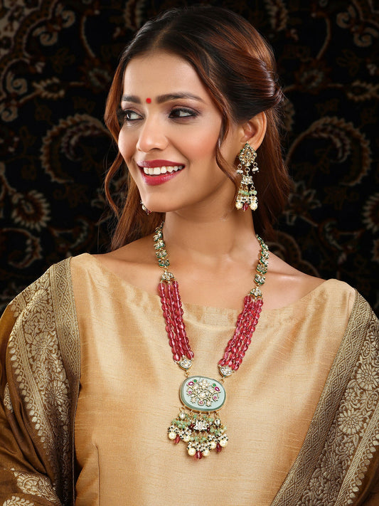 Ruby Raang 22k Gold Polished Long Multi Kundan Necklace With Earrings | Grab2Buy
