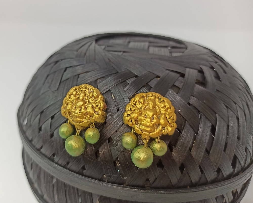 Terracotta Lakshmi Devi Studs With Dangles-Golden Green