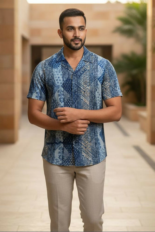 Samudra — Sea Blue Dabu Cotton Shirt by Hilo Design