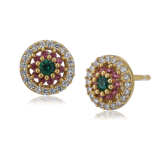 Women'S Gold Western Brass Cubic Zirconia Post And Back Gold-Polished Single Circular Studs Earrings - Wahe Jewels