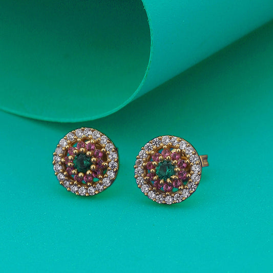 Women'S Gold Western Brass Cubic Zirconia Post And Back Gold-Polished Single Circular Studs Earrings - Wahe Jewels