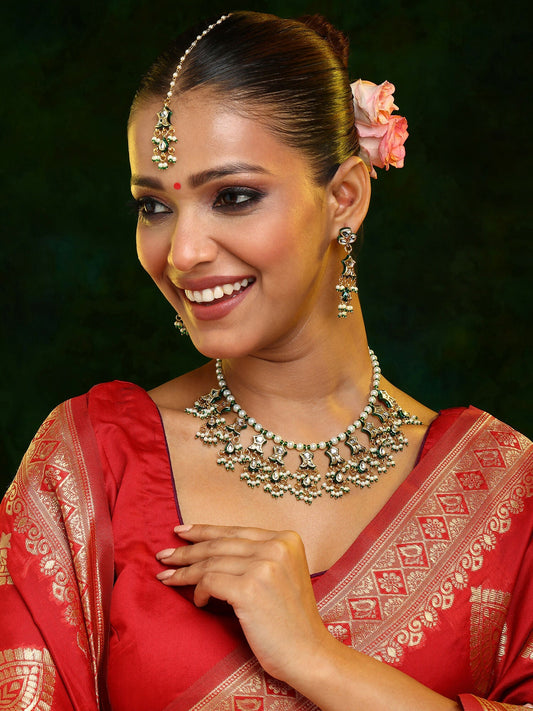 Ruby Raang Gold Polished Kundan Work Green Kundan Collar Necklace With Earrings & Maang Tikka | Grab2Buy