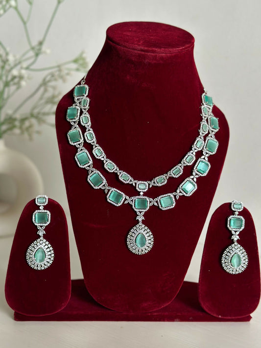 Mint Green American Diamond Two Layer Elegent Necklace Set With Earrings By House of Ree