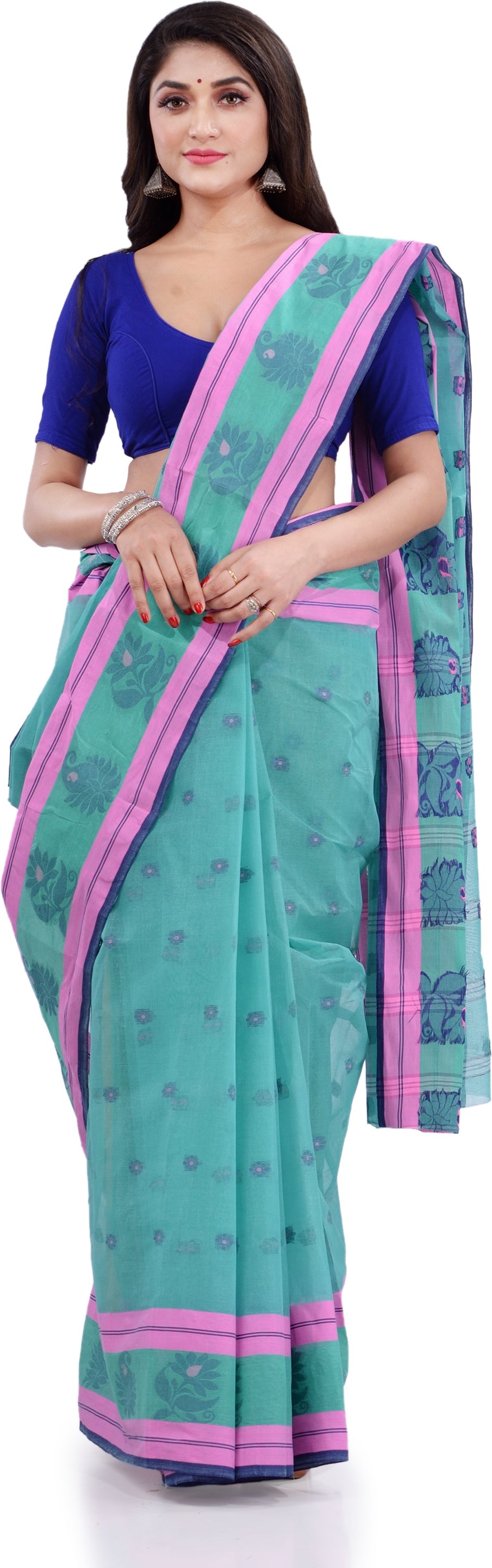 Desh Bidesh Woven Handloom Pure Cotton Saree (Light Blue) - Grab2buy