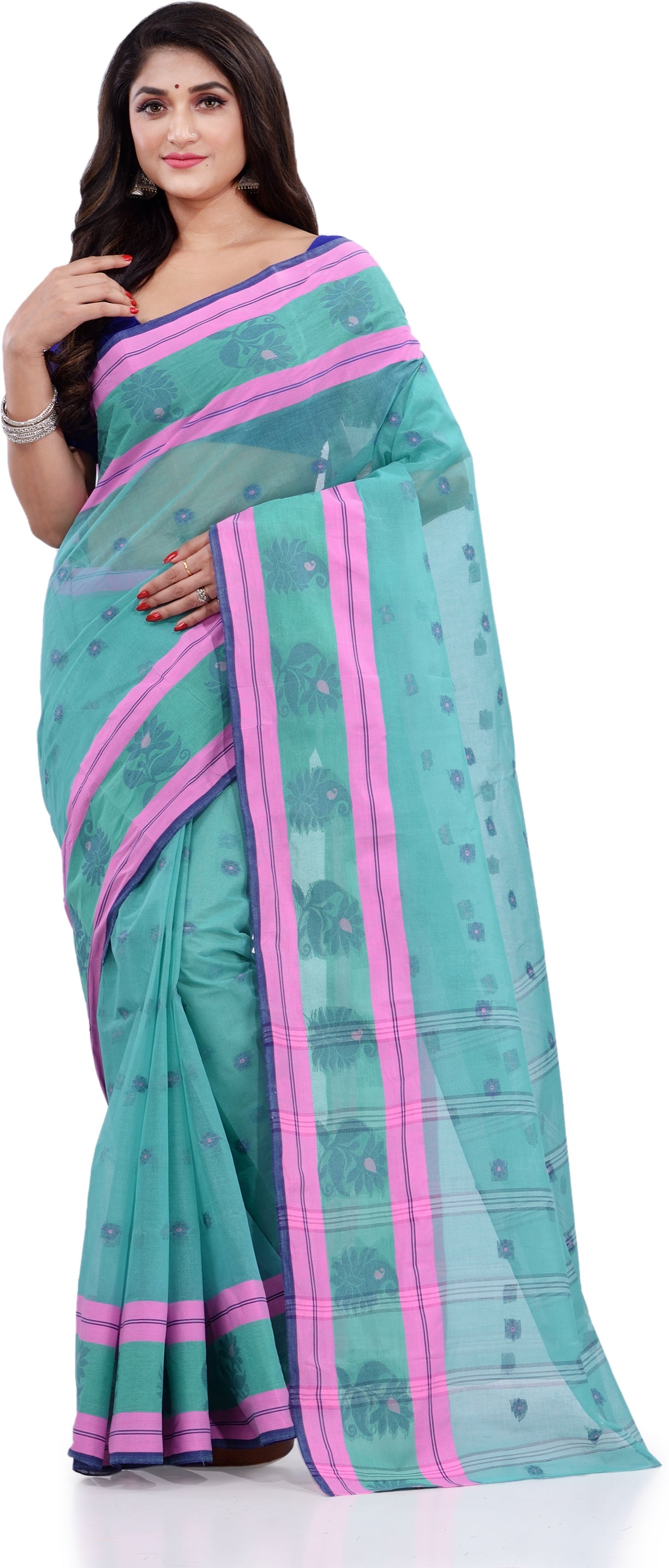 Desh Bidesh Woven Handloom Pure Cotton Saree (Light Blue) - Grab2buy