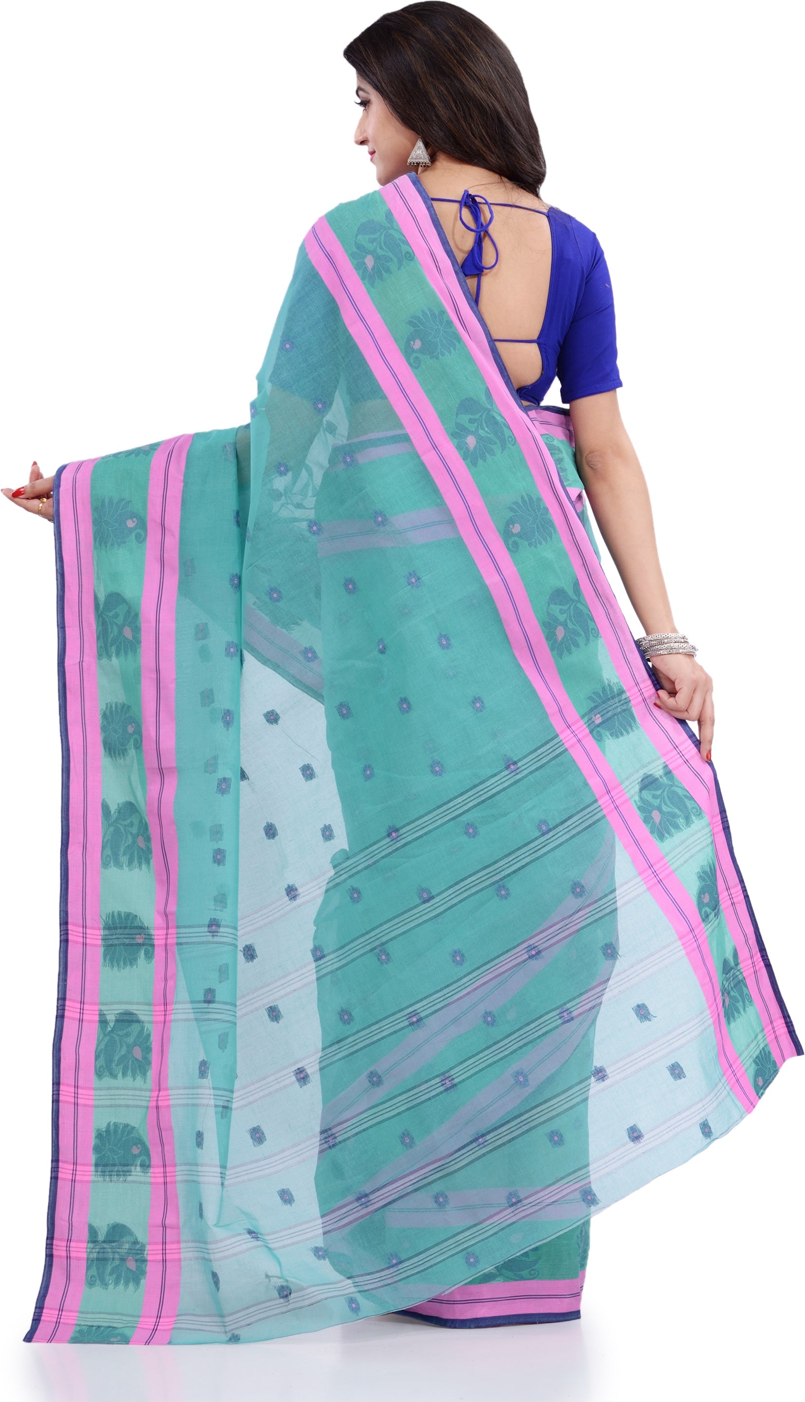Desh Bidesh Woven Handloom Pure Cotton Saree (Light Blue) - Grab2buy