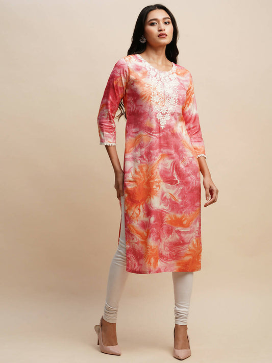 Pink Poly Rayon Tie dye Printed Straight Kurta - Samira