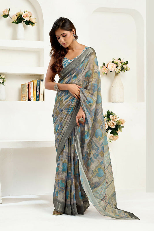 Joban Fashion Dusty Brown Floral & Ethnic Motifs Linen Ready To Wear Saree With Unstitched Blouse