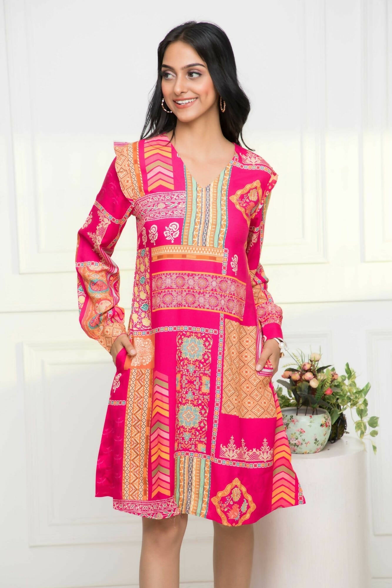 Myshka Women Red Geometric Rayon A-Line Round Neck Dress - Grab2buy