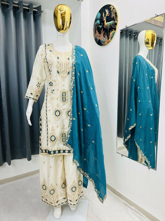 Teeya Creation White Color Chinon Silk Party Wear Trending Palazzo Set