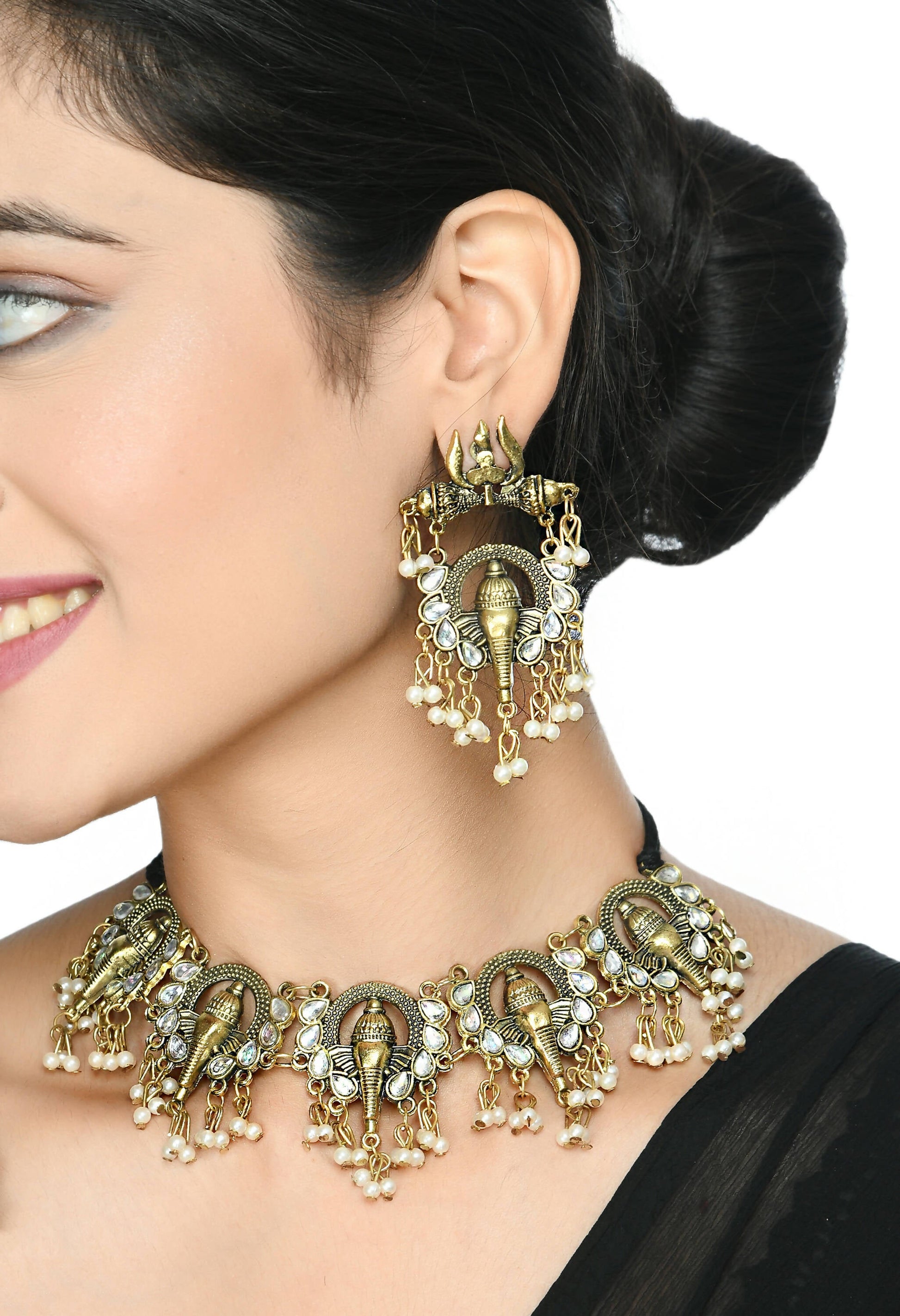 Mominos Fashion Johar Kamal Oxidised Gold-Plated Ganesha Design Necklace Choker Set - Grab2buy