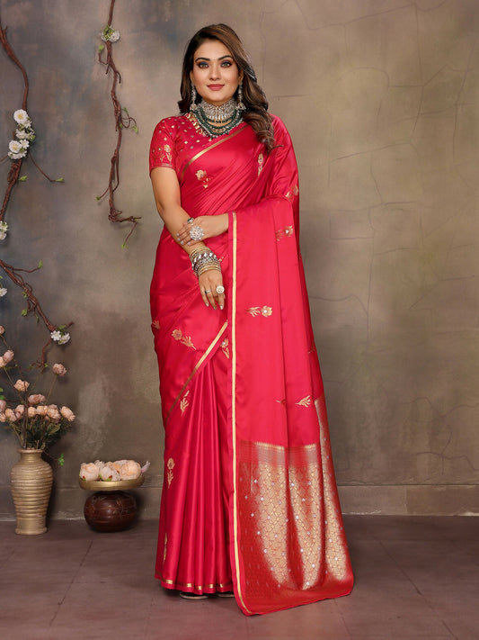 Joban Fashion Brick Red Floral & Botanical Motifs Satin Silk Banarasi Silk Saree