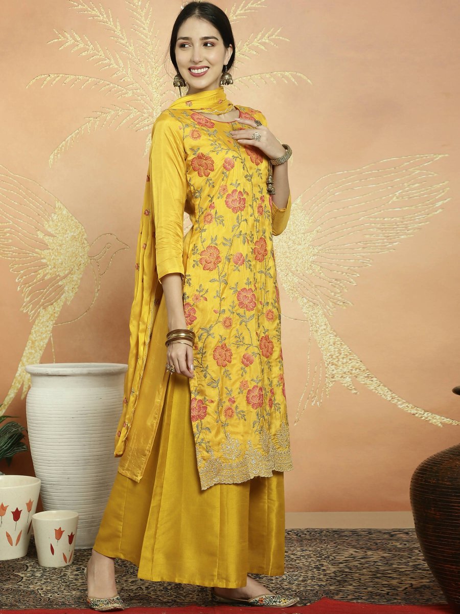 Aastha Fashion Women's Yellow Upada Silk Floral Resham Thread Kurta with Trouser & Dupatta - Grab2buy