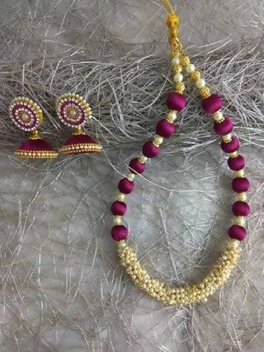 Dark Pink with White Beads Silk Threaded Necklace Set and Earrings Grab2Buy Madhu Collections Grab2Buy