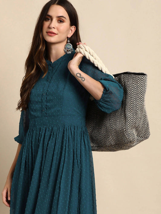 Janasya Women Teal Dobby Weave Kurta