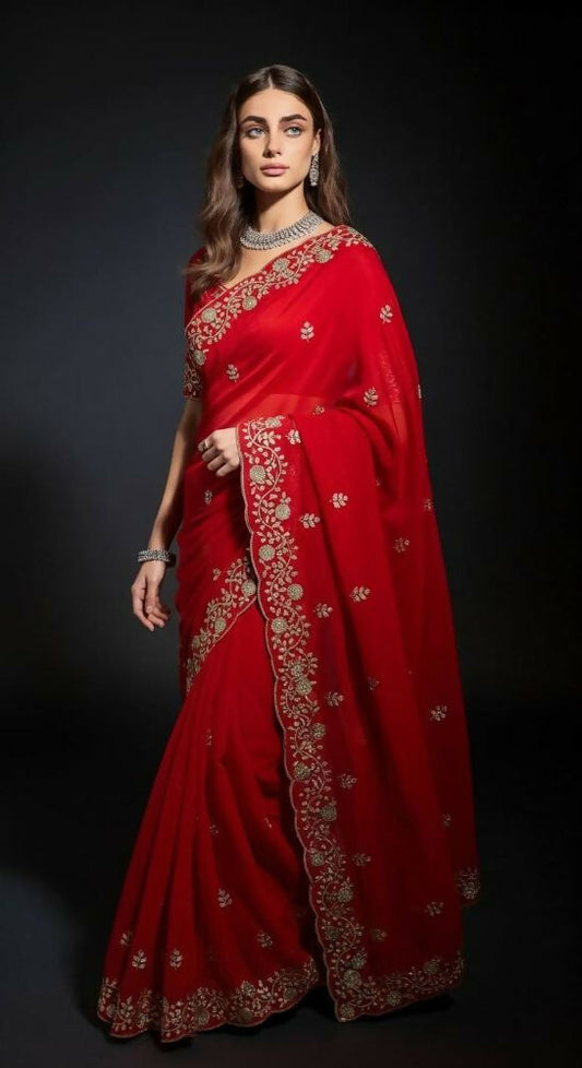 Joban Fashion Red Fandy Satin Silk Party Wear Sarees