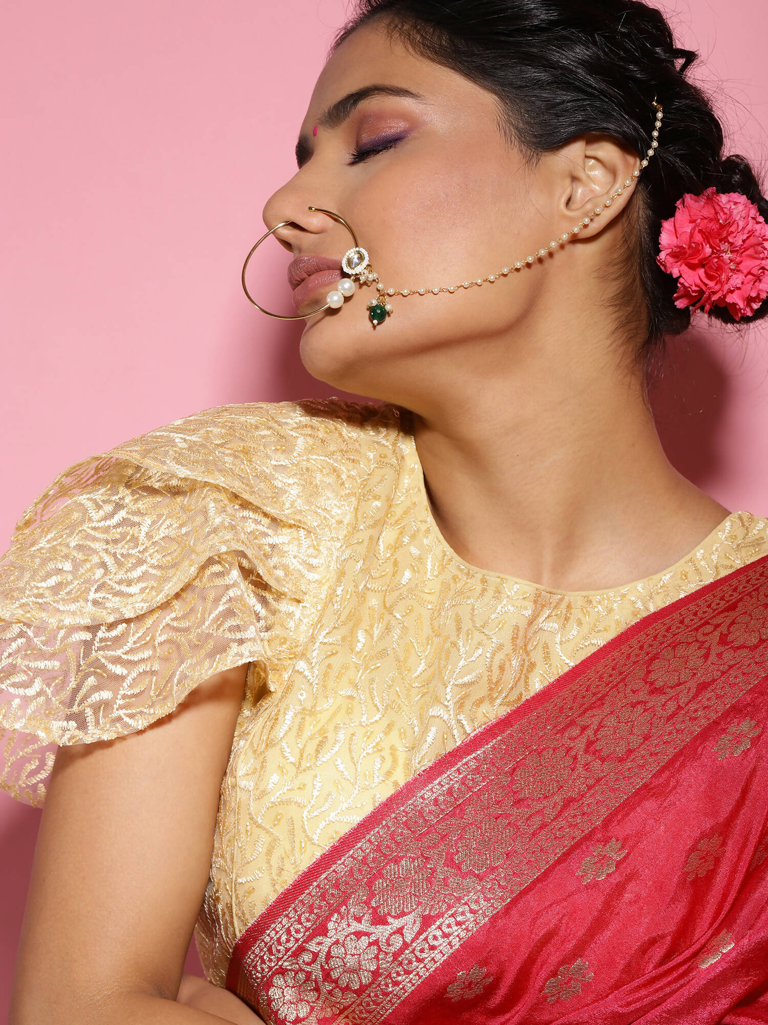 Gold-Plated White Green Kundan-Studded Pearl Beaded Nosepin - Ruby Raang - Grab2buy