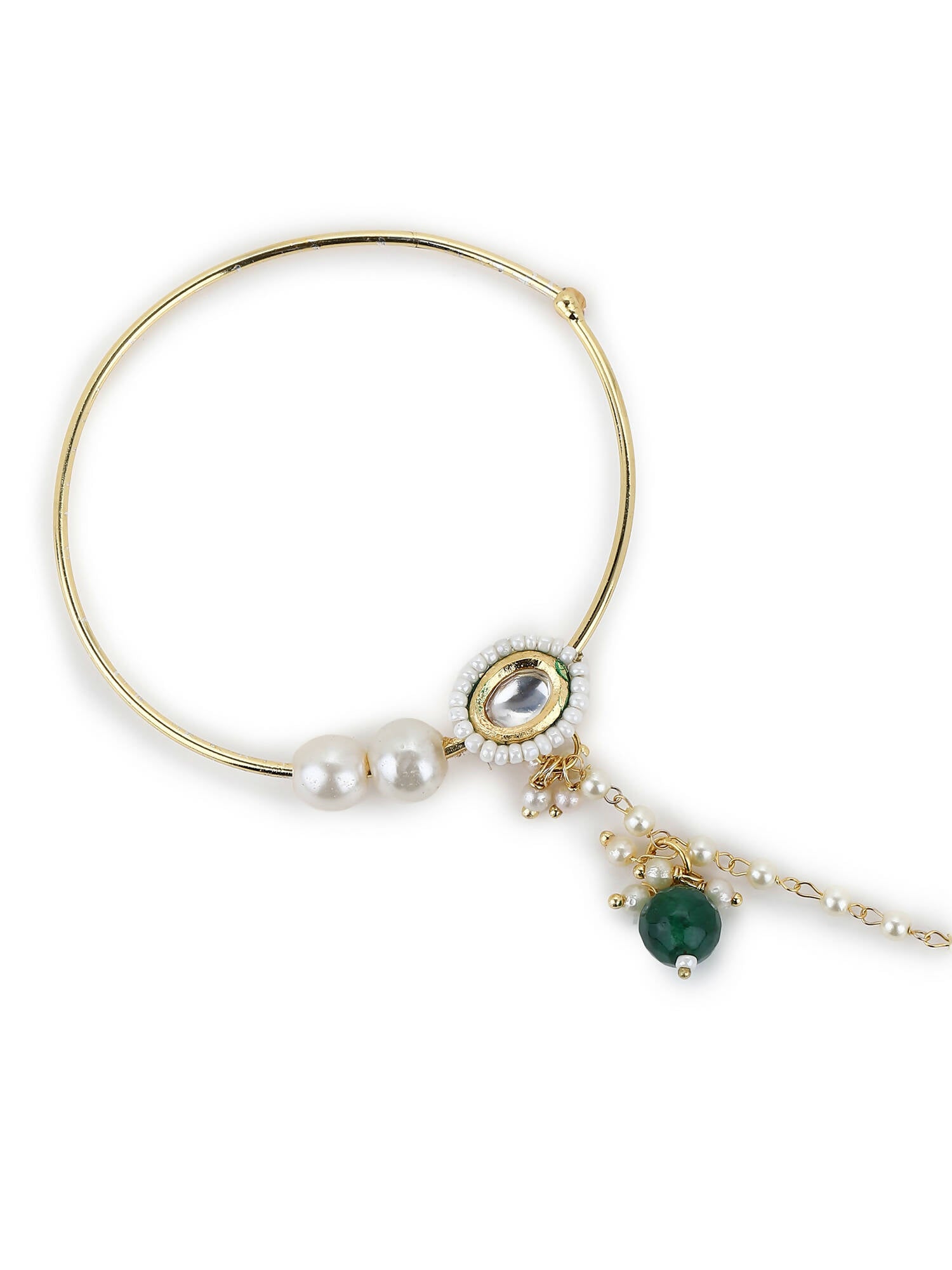 Gold-Plated White Green Kundan-Studded Pearl Beaded Nosepin - Ruby Raang - Grab2buy