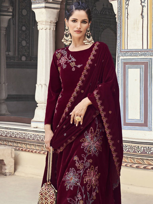 Aastha Fashion Women's Maroon Velvet Resham Thread with Jari & Sequin Kurta with Trouser & Dupatta - Grab2buy
