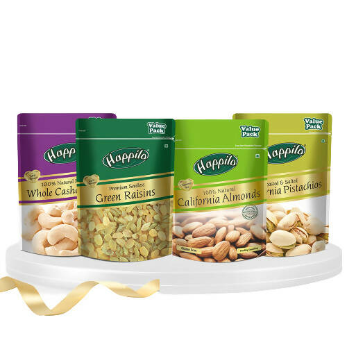 Happilo Premium Super Value Combo (Californian Almonds, Whole Cashews, Pistachios, Seedless Green Raisins) - Grab2buy