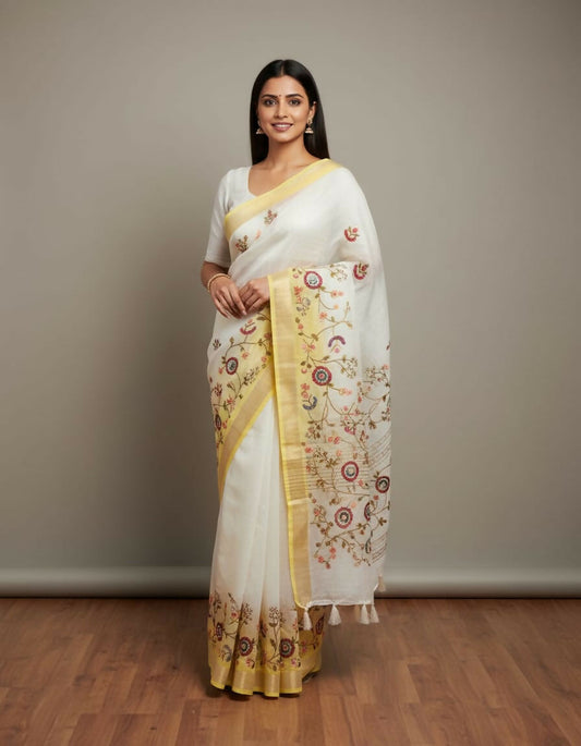 Morchari White Mal Chanderi With All Over Kantha Hand Work Saree